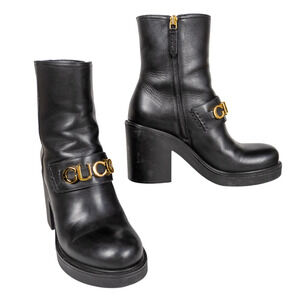 GUCCI Black Leather Cara Big Logo Chunky Heeled Bootie Mid Calf Women's EU 38